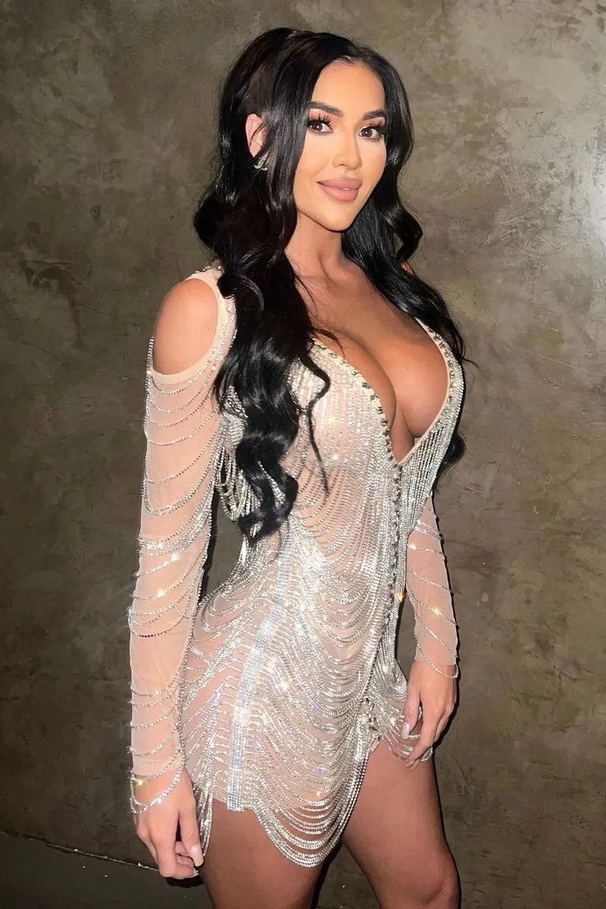 Jessica Bara Amra Crystal Fringe Long Sleeve Mini Dress As Seen On Tika Camaj
