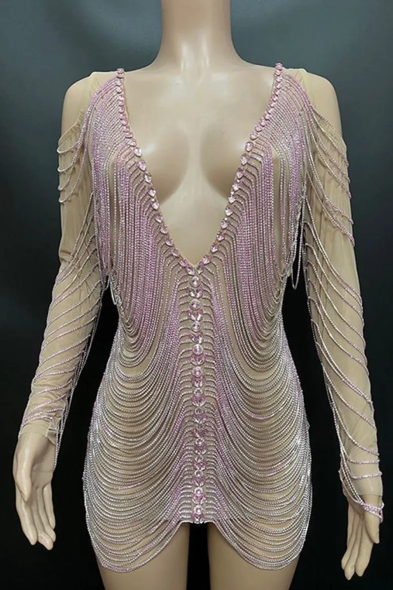 Jessica Bara Amra Crystal Fringe Long Sleeve Mini Dress As Seen On Tika Camaj