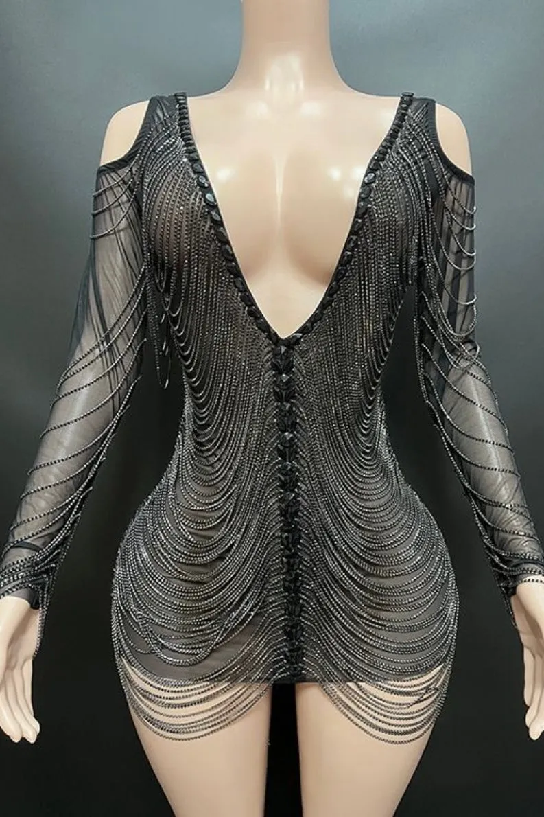 Jessica Bara Amra Crystal Fringe Long Sleeve Mini Dress As Seen On Tika Camaj