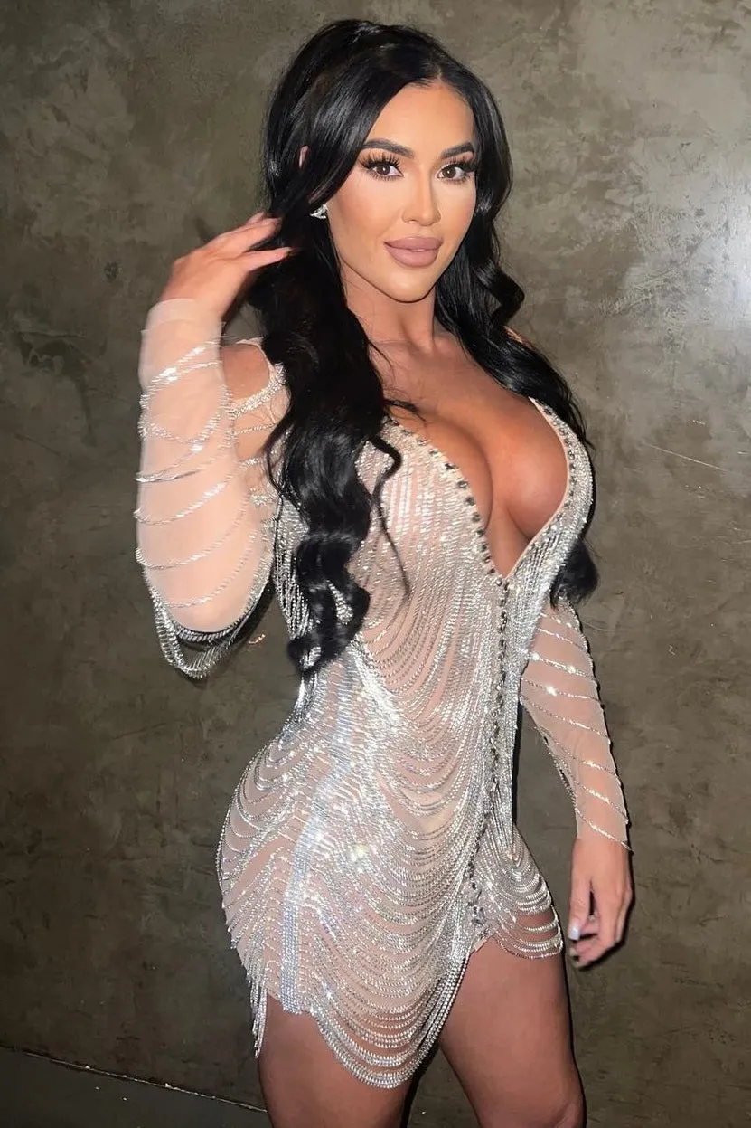Jessica Bara Amra Crystal Fringe Long Sleeve Mini Dress As Seen On Tika Camaj