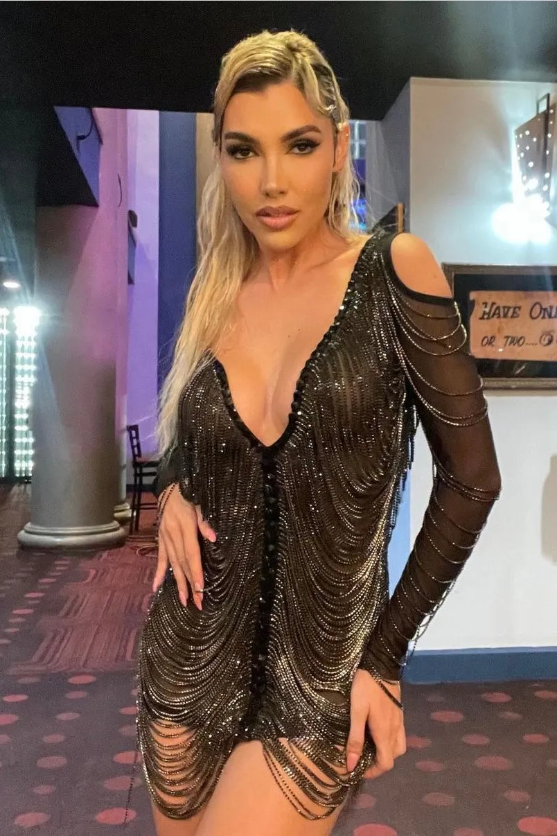 Jessica Bara Amra Crystal Fringe Long Sleeve Mini Dress As Seen On Tika Camaj