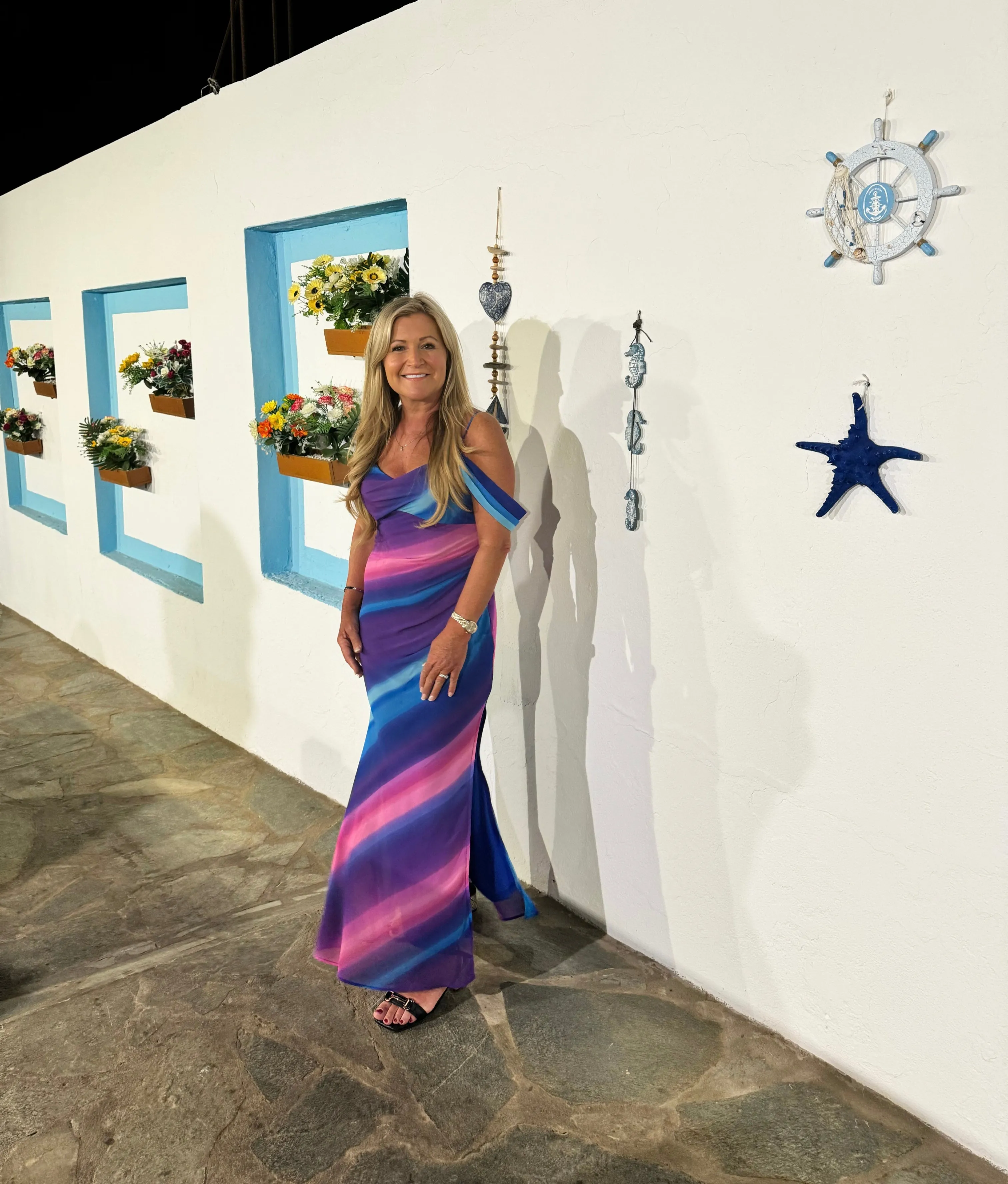 Julia ombré blue pink Bardot midi dress