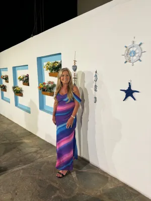 Julia ombré blue pink Bardot midi dress