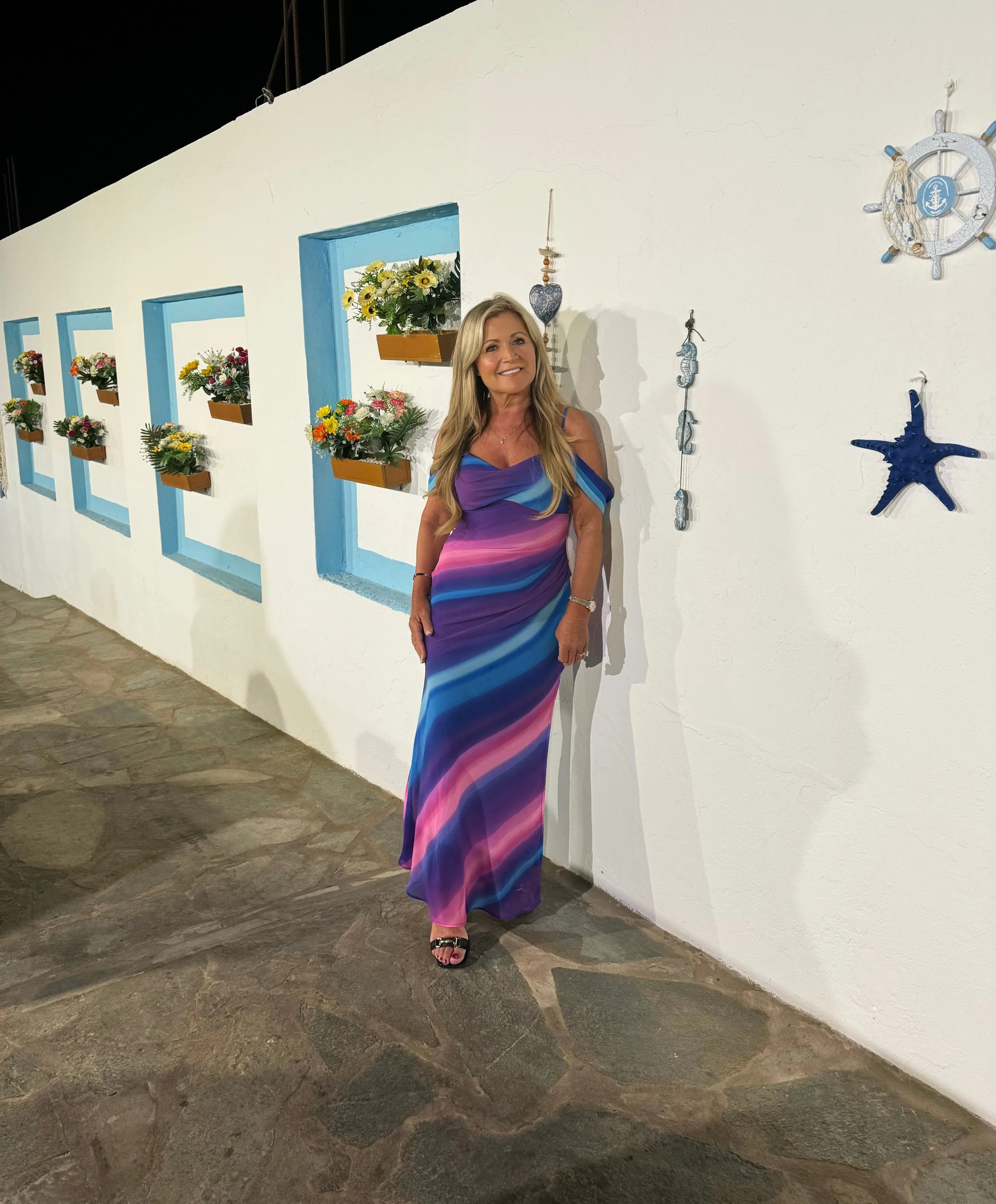 Julia ombré blue pink Bardot midi dress