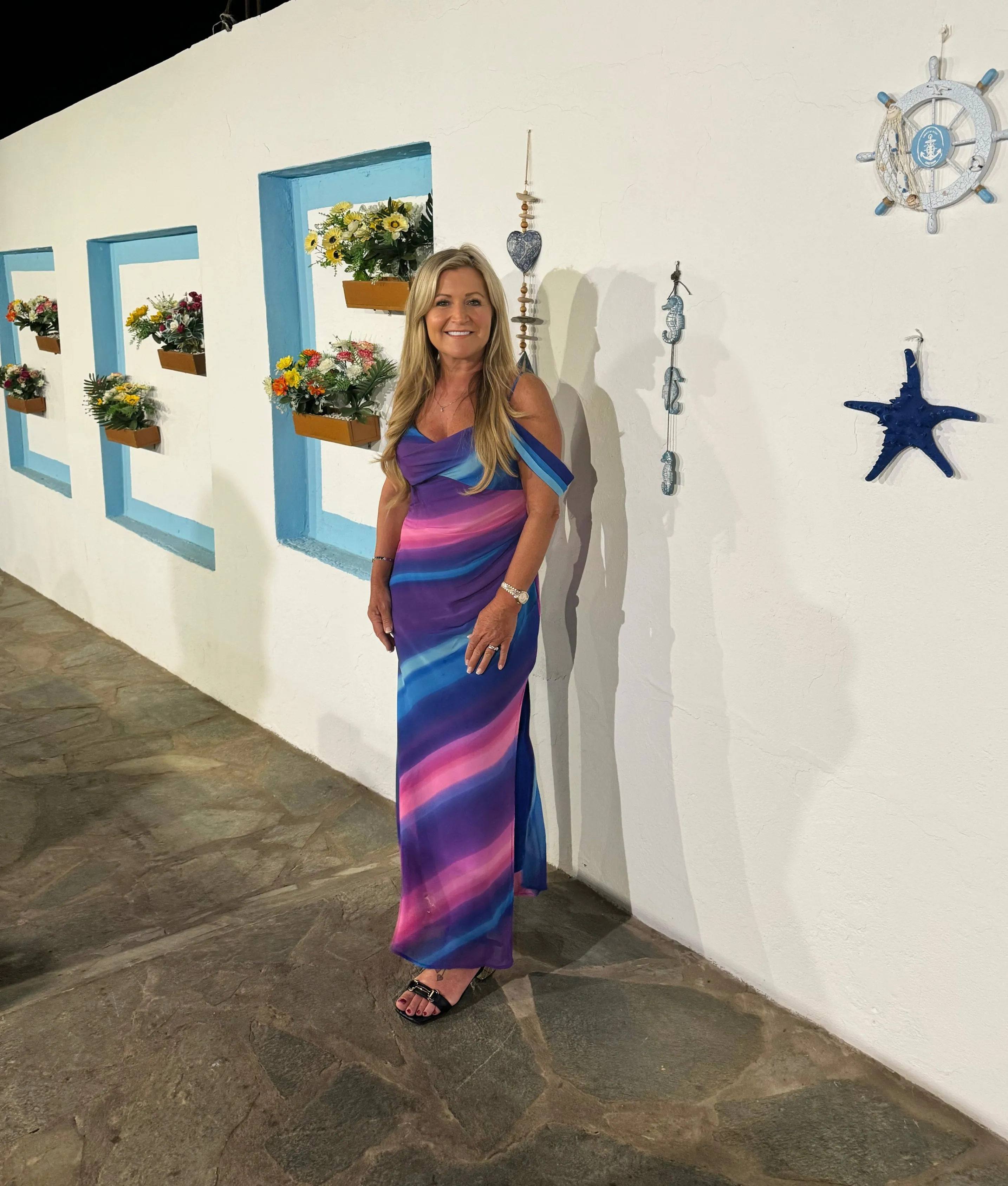 Julia ombré blue pink Bardot midi dress