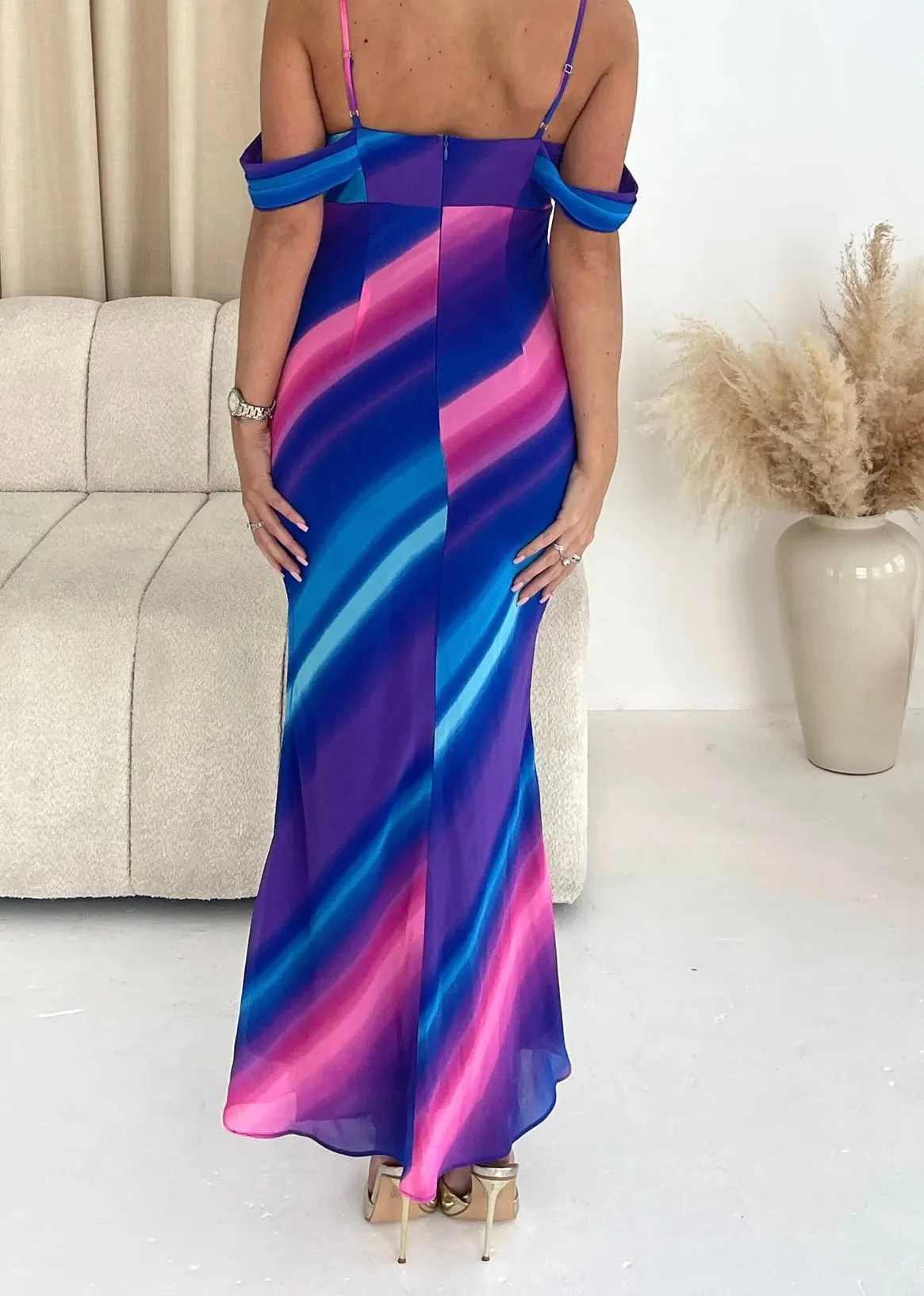 Julia ombré blue pink Bardot midi dress