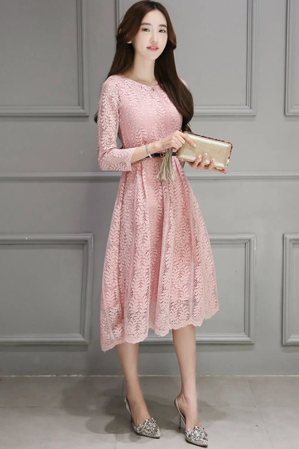 Ketty More Women Decorated Fern Leaves Lace Dress-KMWD471