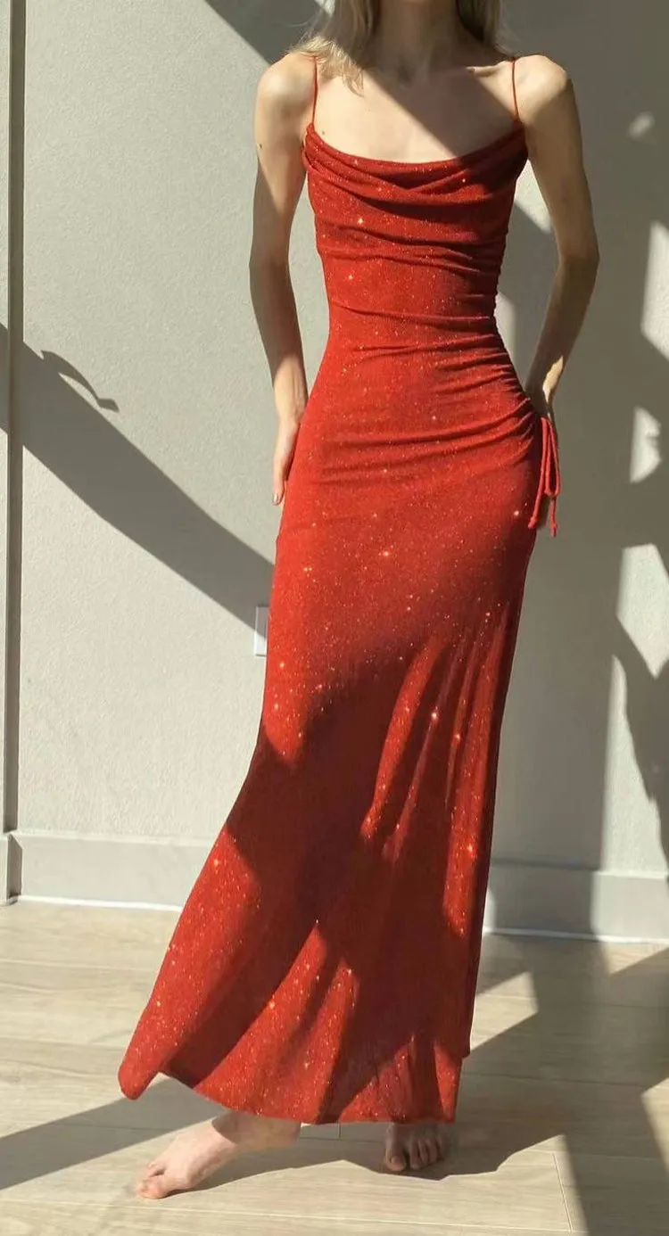 Mermaid red sparkly dress elegant long evening party dress       S5983