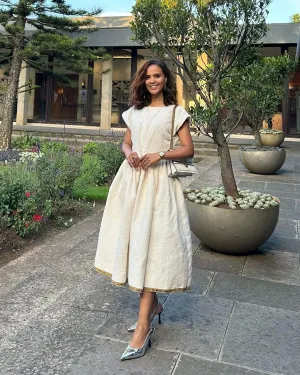 Modern Beige Traditional Ethiopian Dress: with Thin Cultural Embroidery Habesha Dress Simple Mid Eritrean Clothing