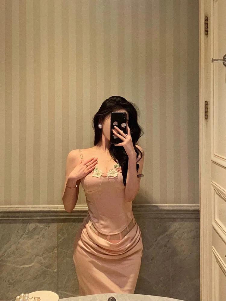 New pink sexy embroidered suspender top   skirt two-piece suit for women     S5542