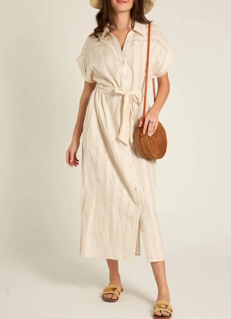 Nicolette Tie Waist Maxi Dress in Cream/Silver