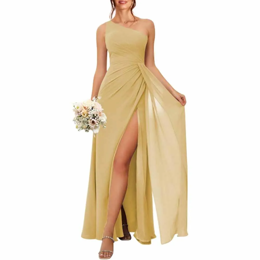 One Shoulder Bridesmaid Dresses with Pockes Long Ruched A Line Formal Dress with Slit
