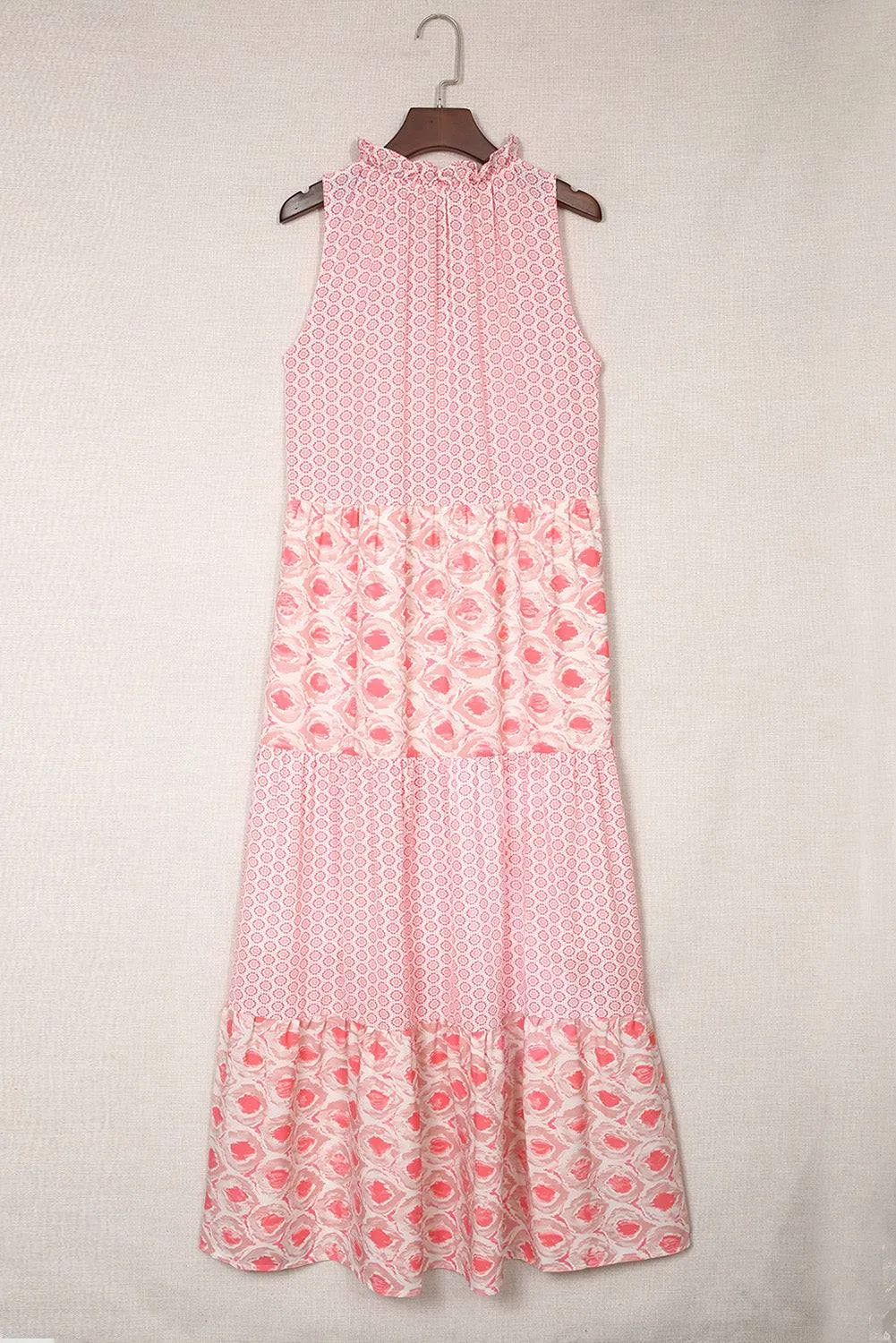 Pink Abstract Sleeveless V Neck Summer Tiered Dress