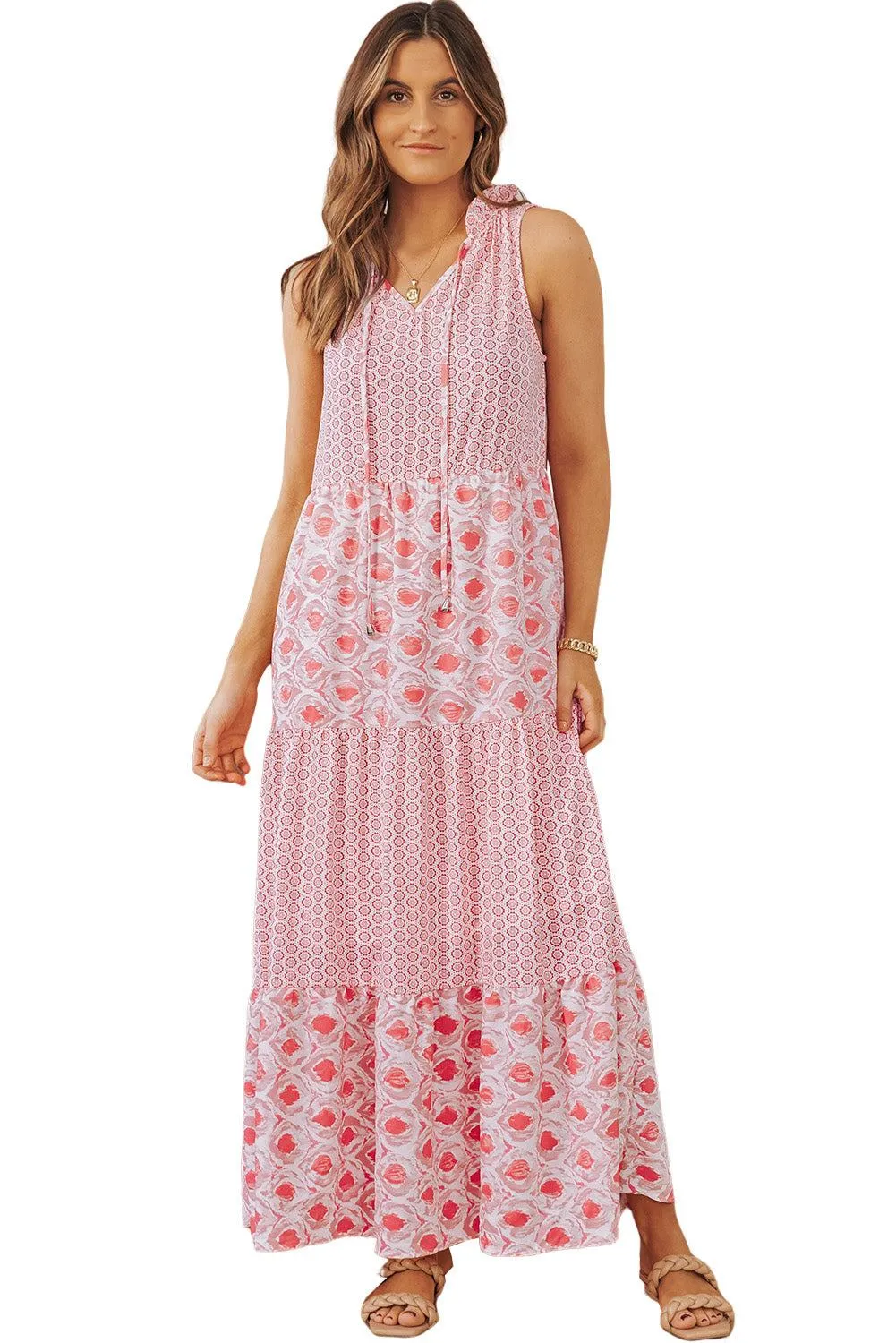 Pink Abstract Sleeveless V Neck Summer Tiered Dress