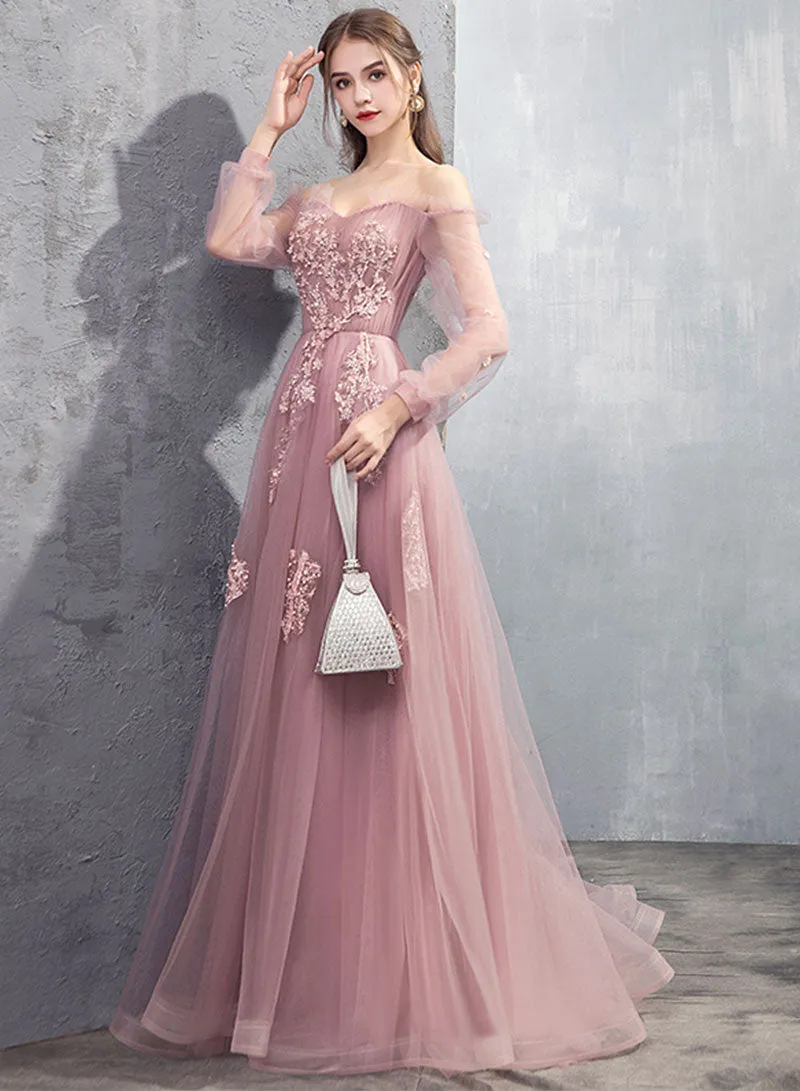 Pink Tulle Lace Floor Length Prom Dress, Long Sleeve Evening Dress