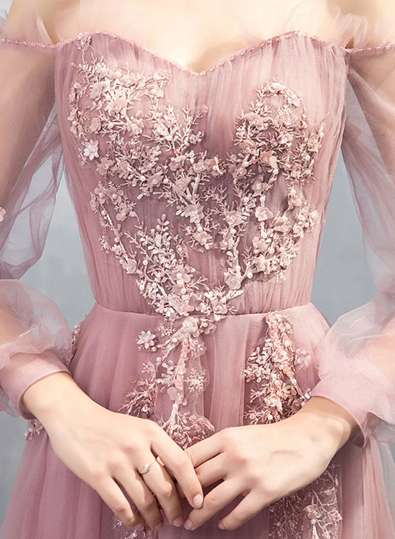 Pink Tulle Lace Floor Length Prom Dress, Long Sleeve Evening Dress
