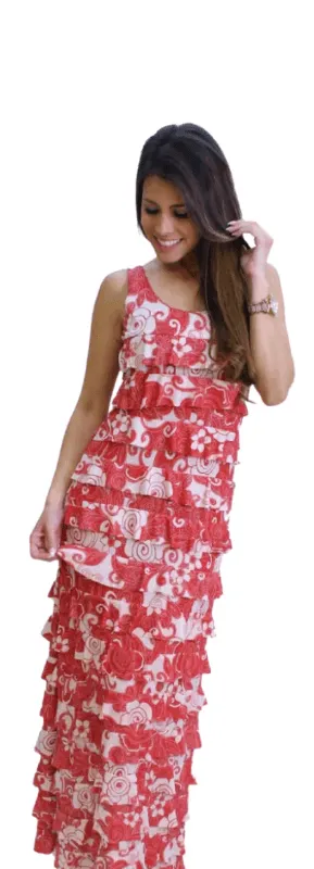 Ruffle Maxi Dress in Brilliant red and white with Glitter print