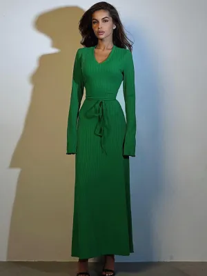 Shirley V Neck Lace-up Long Sleeve Maxi Dress
