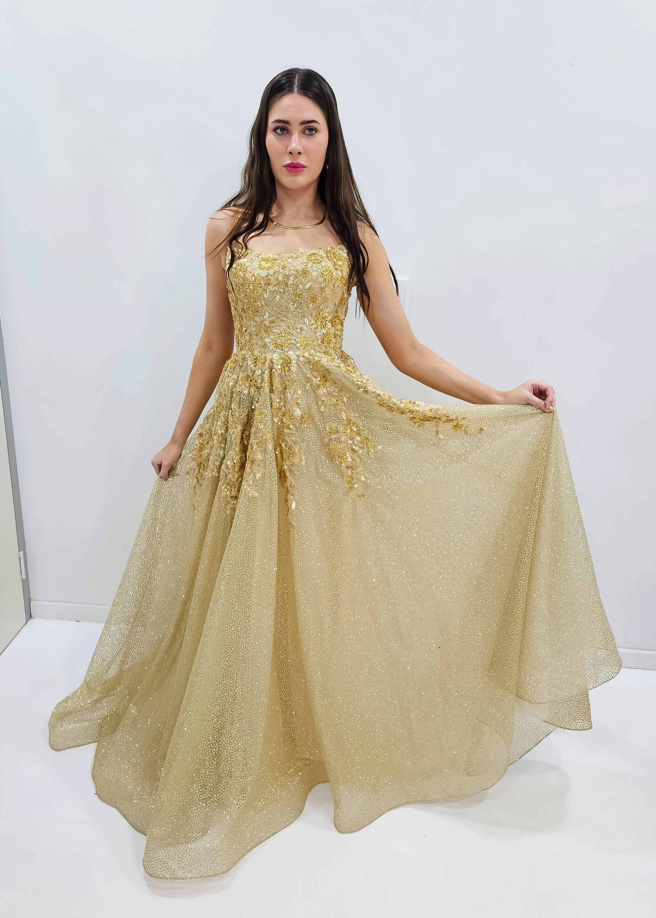 Sparkling gold crescent moon neckline lace up back princess dress