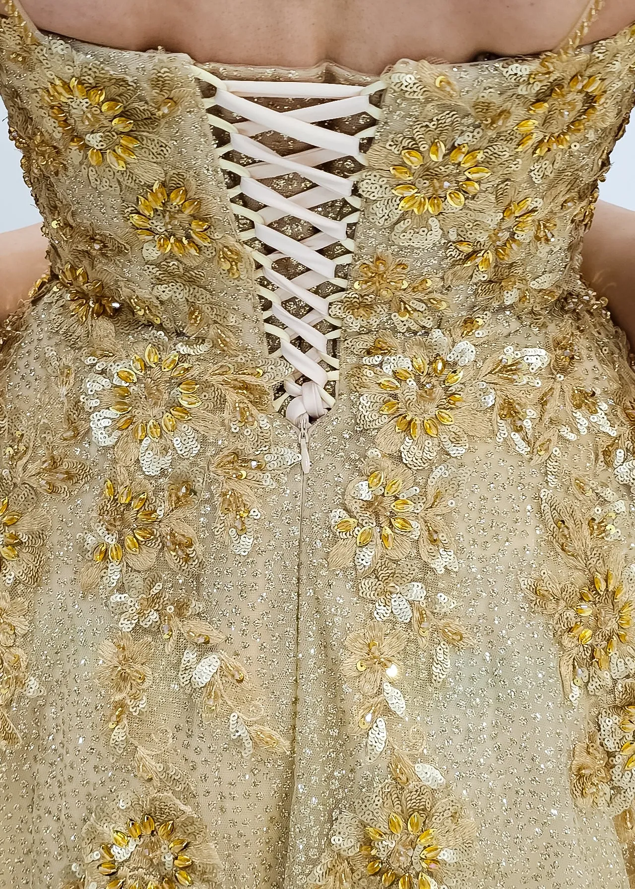 Sparkling gold crescent moon neckline lace up back princess dress