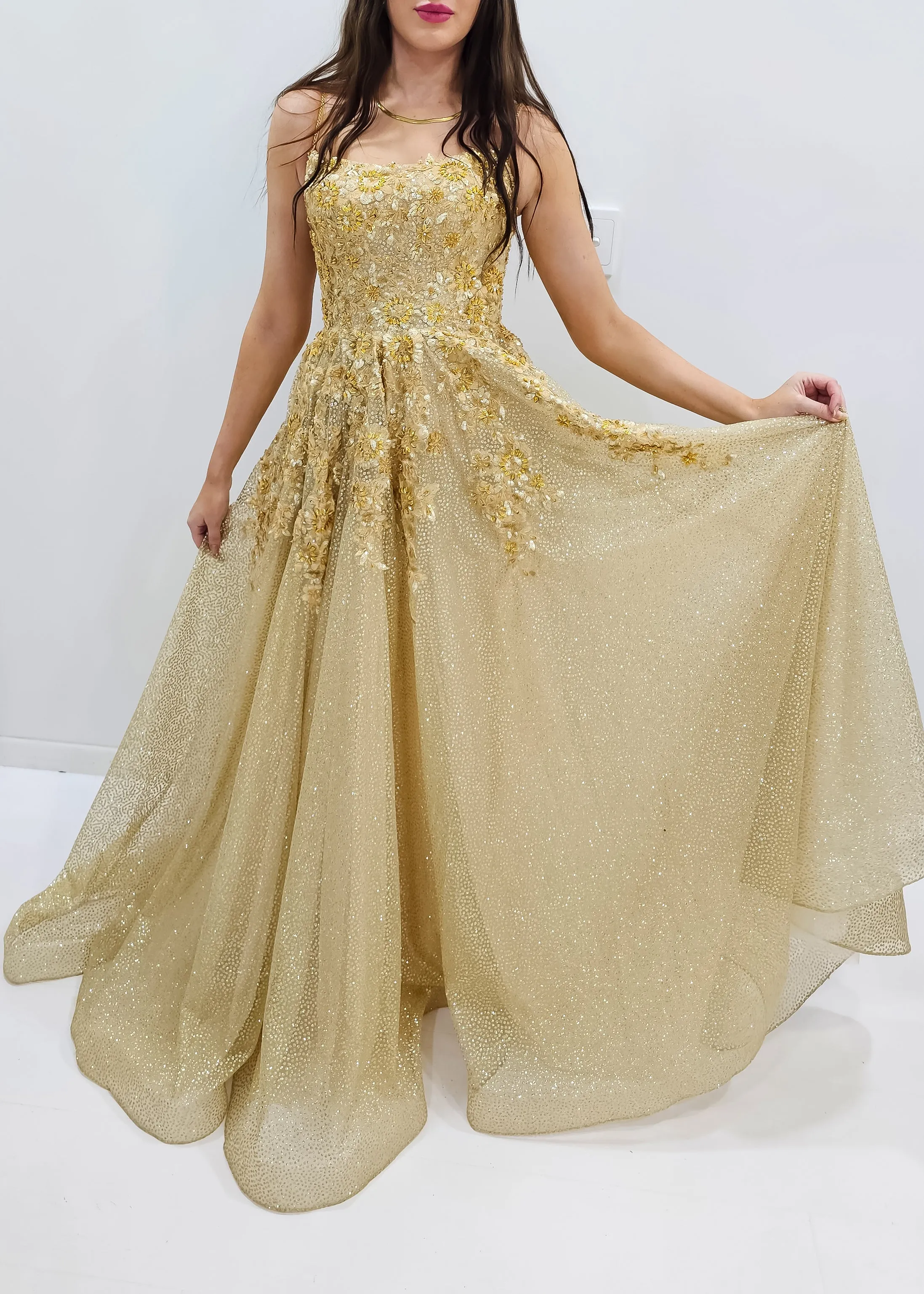 Sparkling gold crescent moon neckline lace up back princess dress