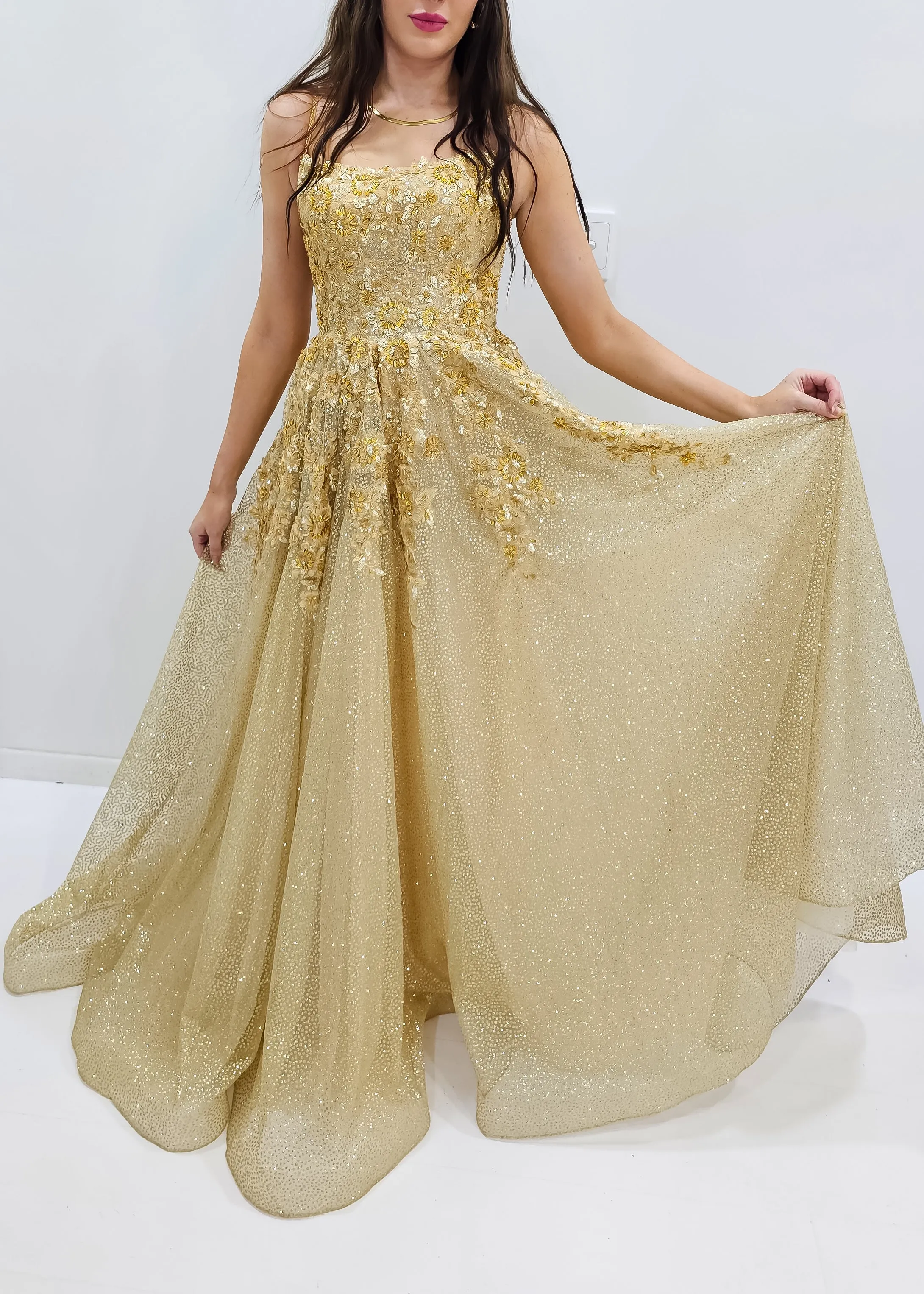 Sparkling gold crescent moon neckline lace up back princess dress