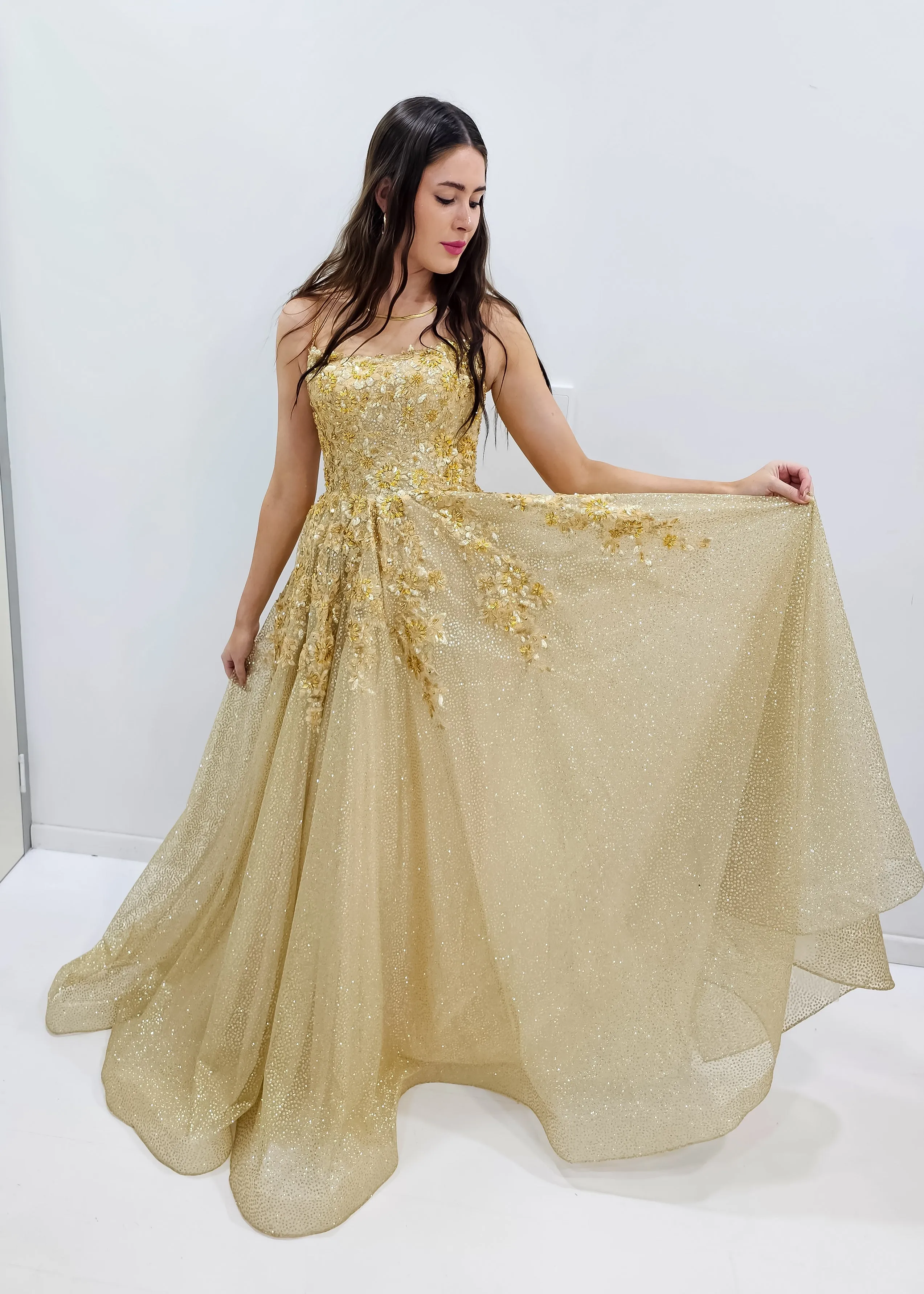 Sparkling gold crescent moon neckline lace up back princess dress