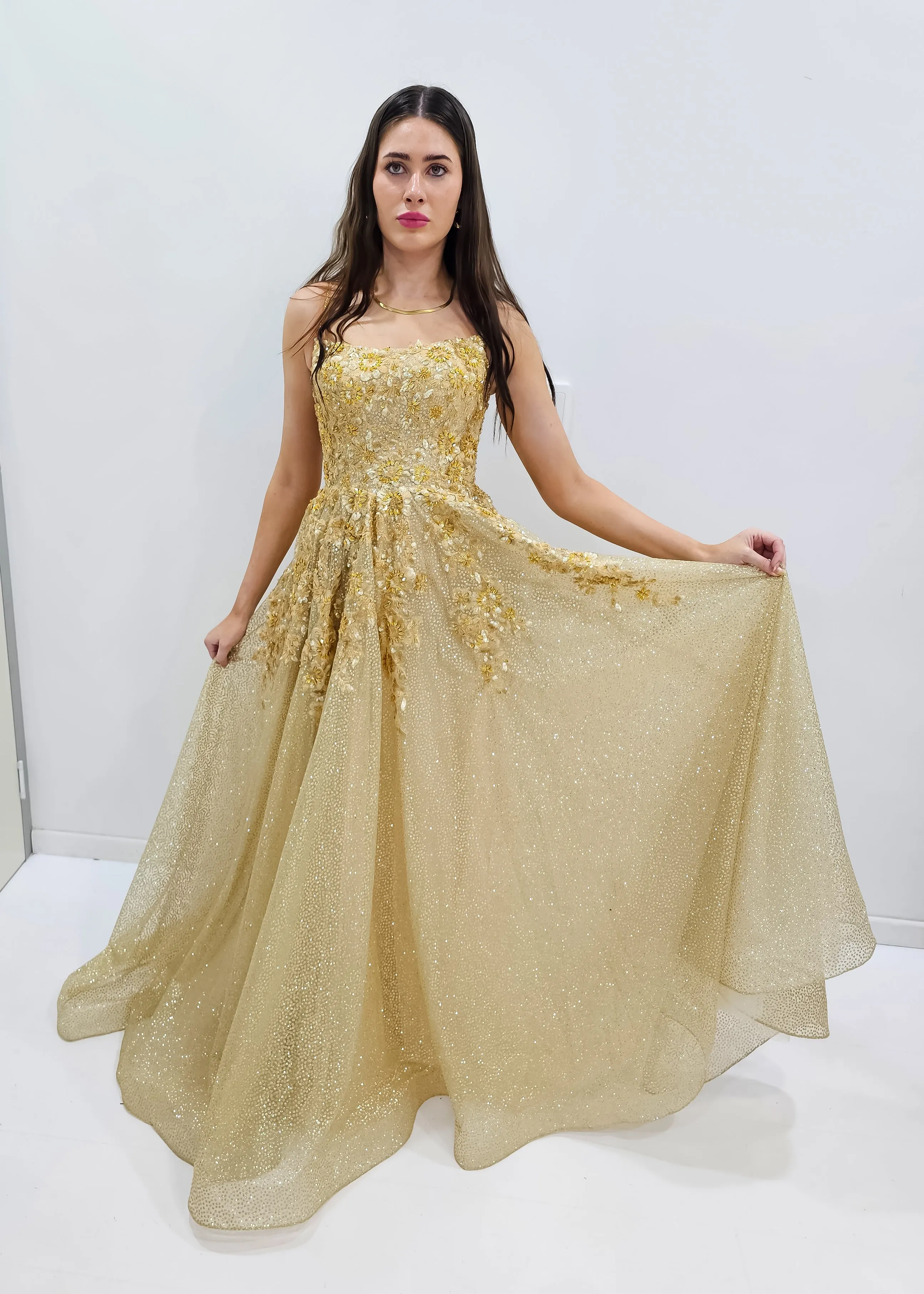 Sparkling gold crescent moon neckline lace up back princess dress