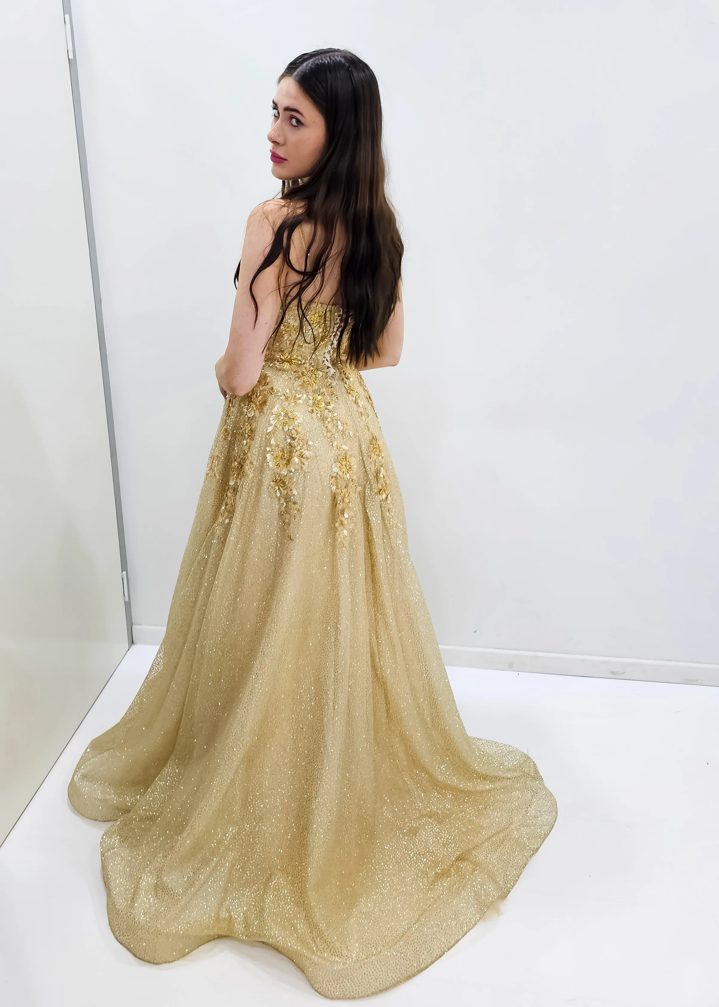 Sparkling gold crescent moon neckline lace up back princess dress