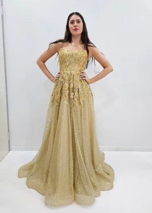 Sparkling gold crescent moon neckline lace up back princess dress