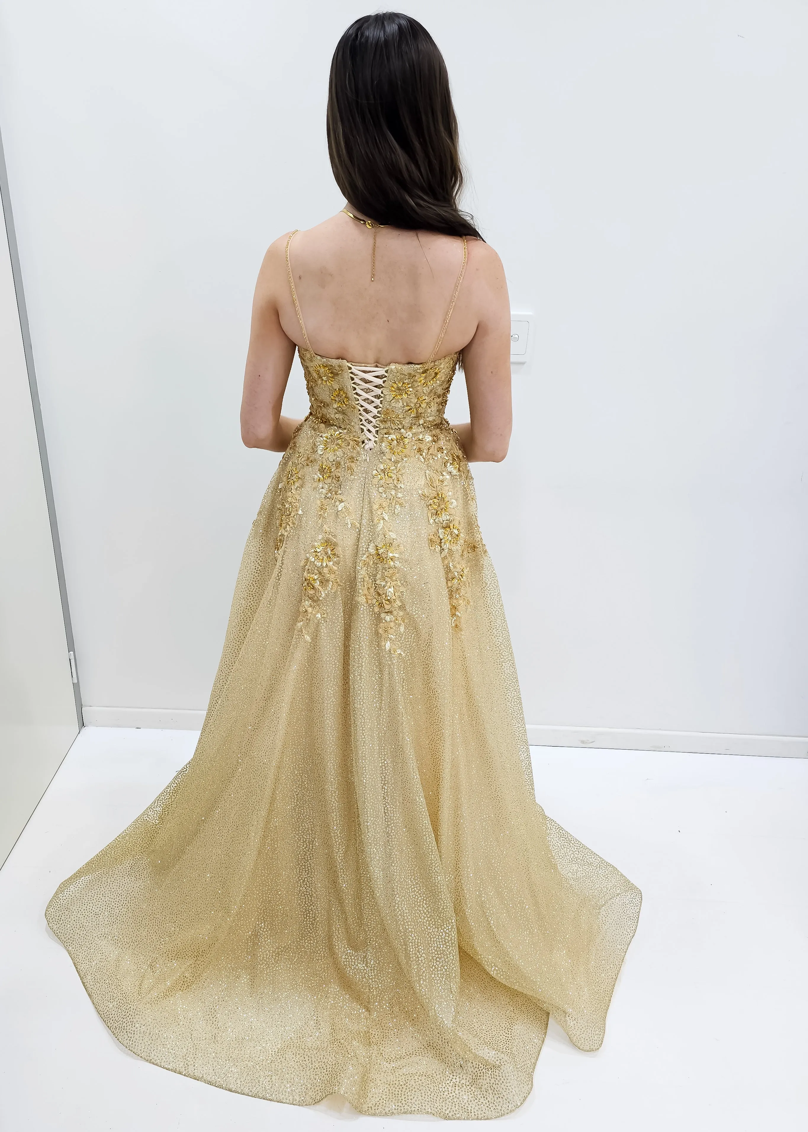 Sparkling gold crescent moon neckline lace up back princess dress