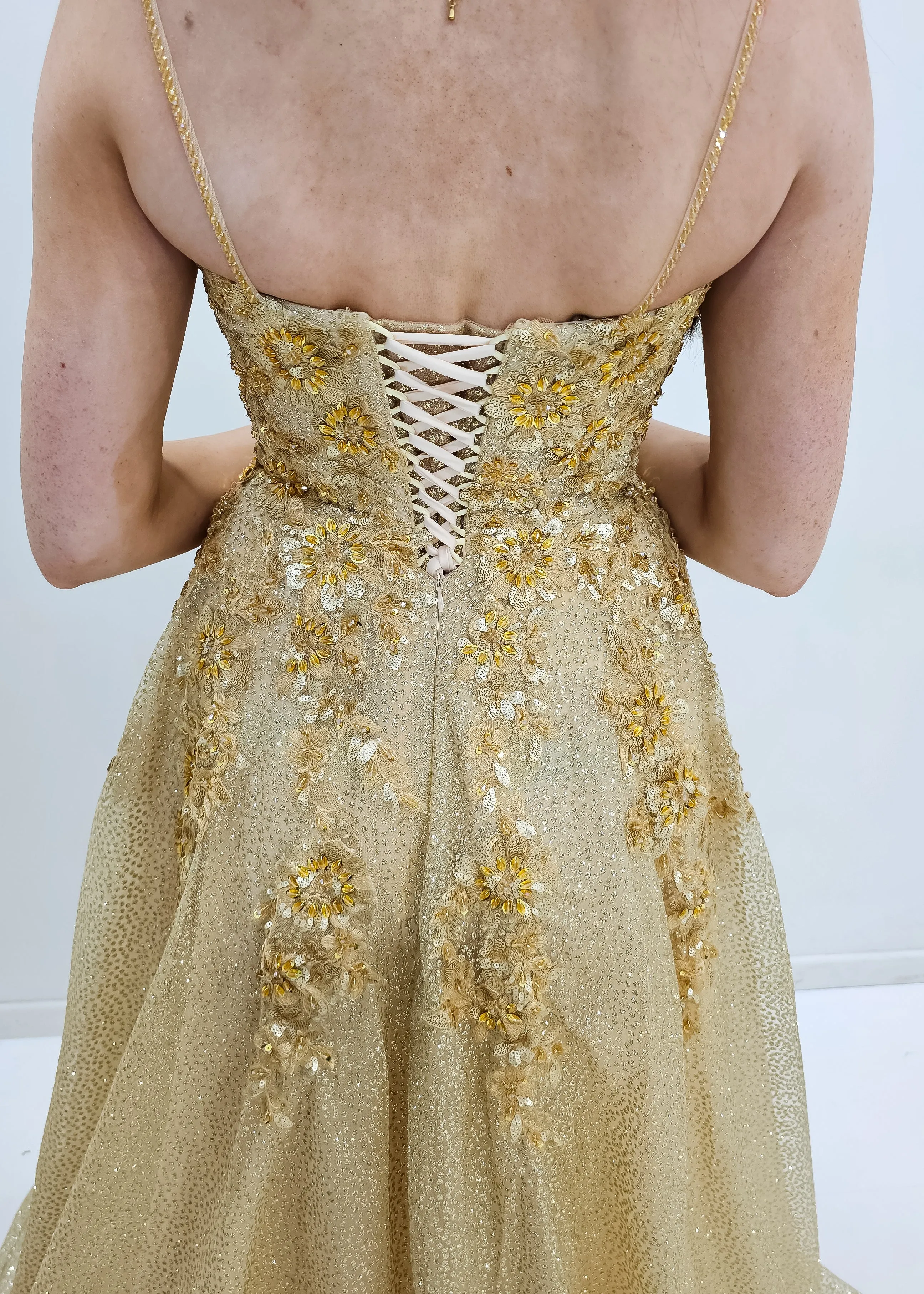 Sparkling gold crescent moon neckline lace up back princess dress