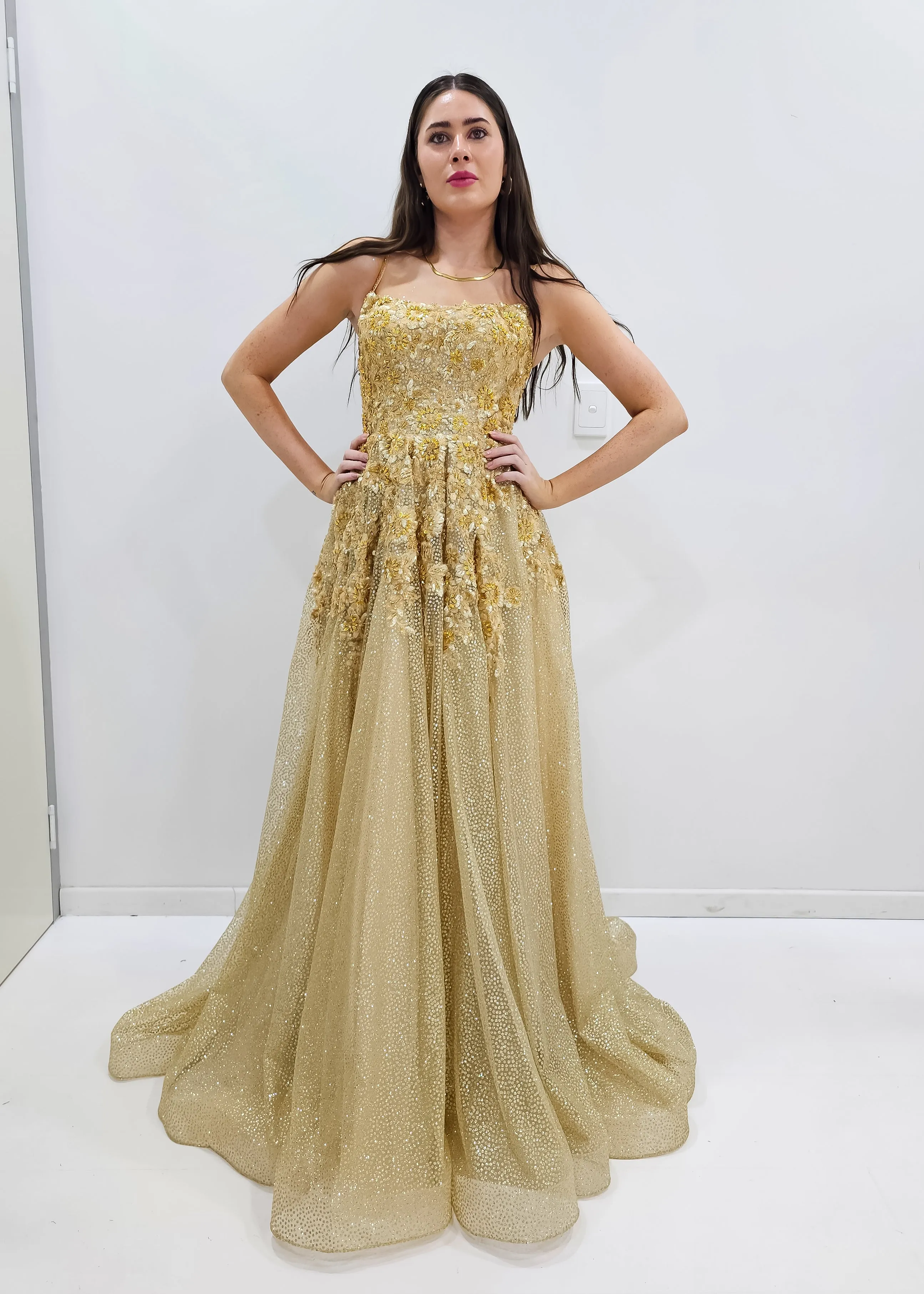 Sparkling gold crescent moon neckline lace up back princess dress