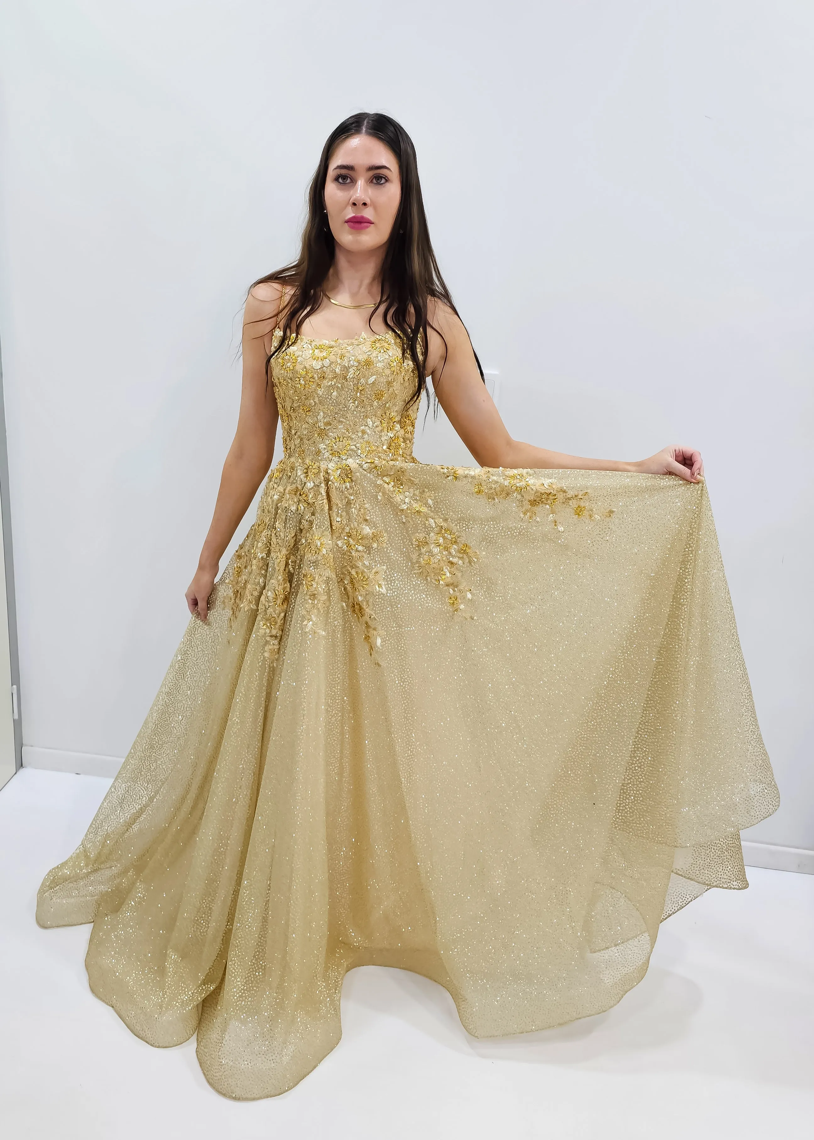 Sparkling gold crescent moon neckline lace up back princess dress