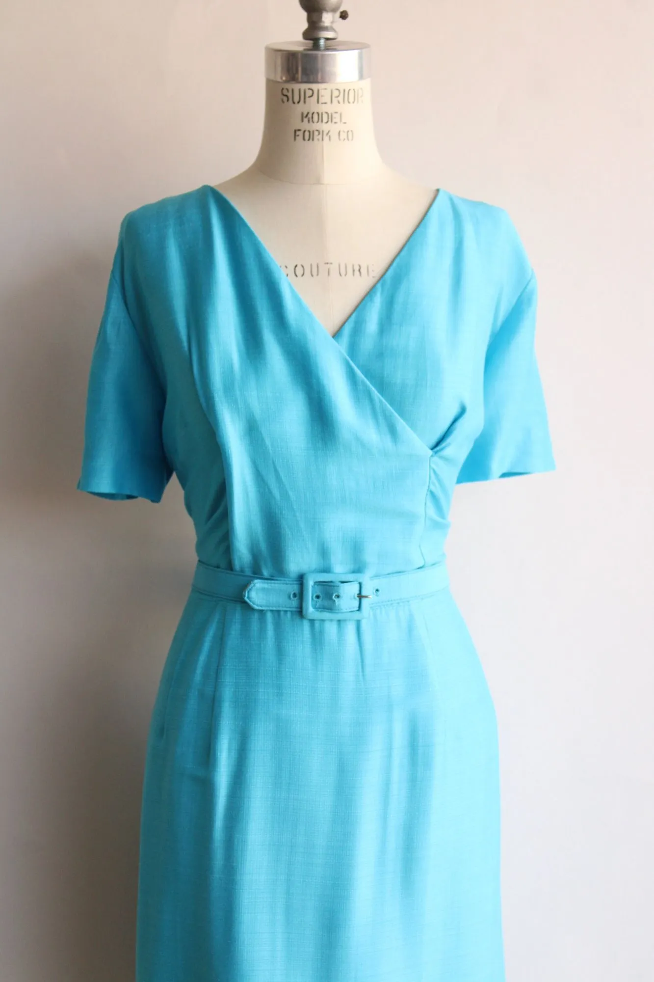 Vintage 1950s 1960s Volup Size Sky Blue Dress with Belt