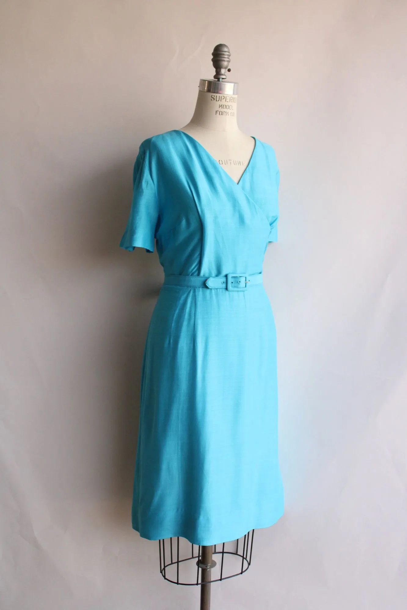 Vintage 1950s 1960s Volup Size Sky Blue Dress with Belt