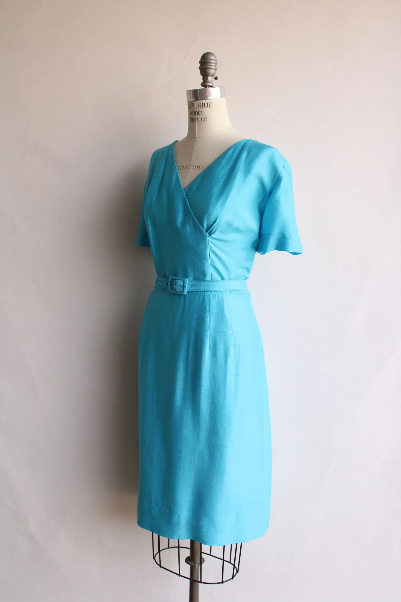 Vintage 1950s 1960s Volup Size Sky Blue Dress with Belt
