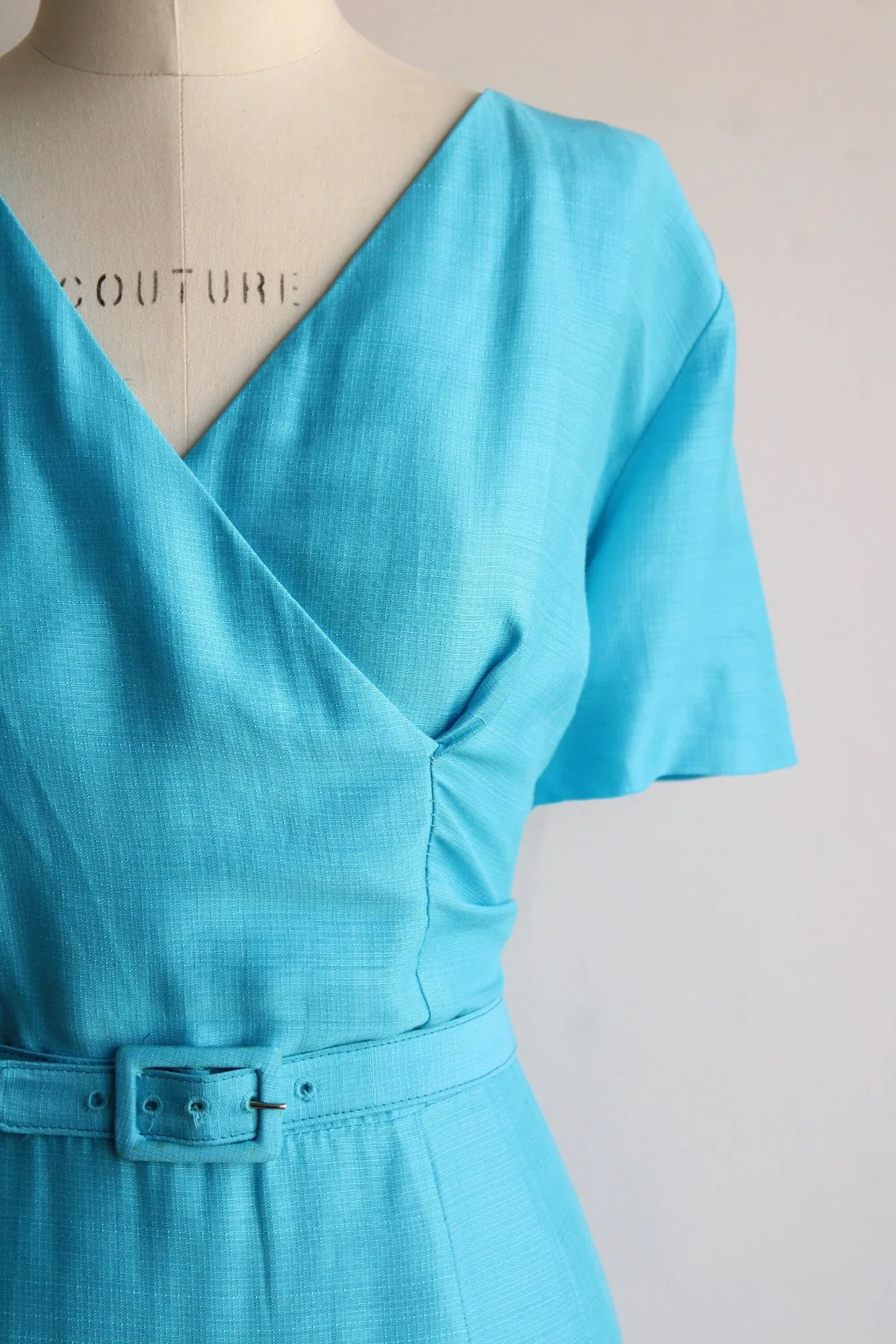 Vintage 1950s 1960s Volup Size Sky Blue Dress with Belt