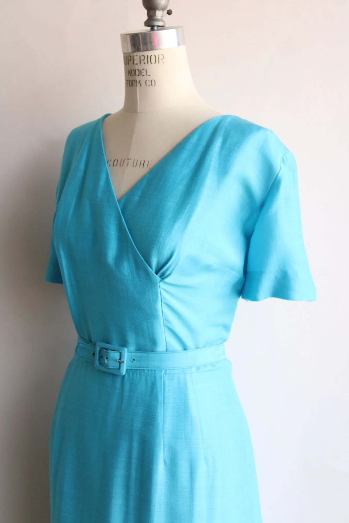 Vintage 1950s 1960s Volup Size Sky Blue Dress with Belt