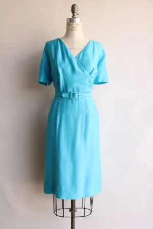 Vintage 1950s 1960s Volup Size Sky Blue Dress with Belt