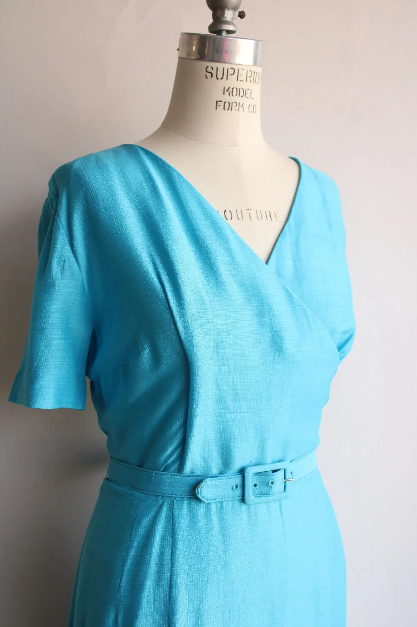 Vintage 1950s 1960s Volup Size Sky Blue Dress with Belt
