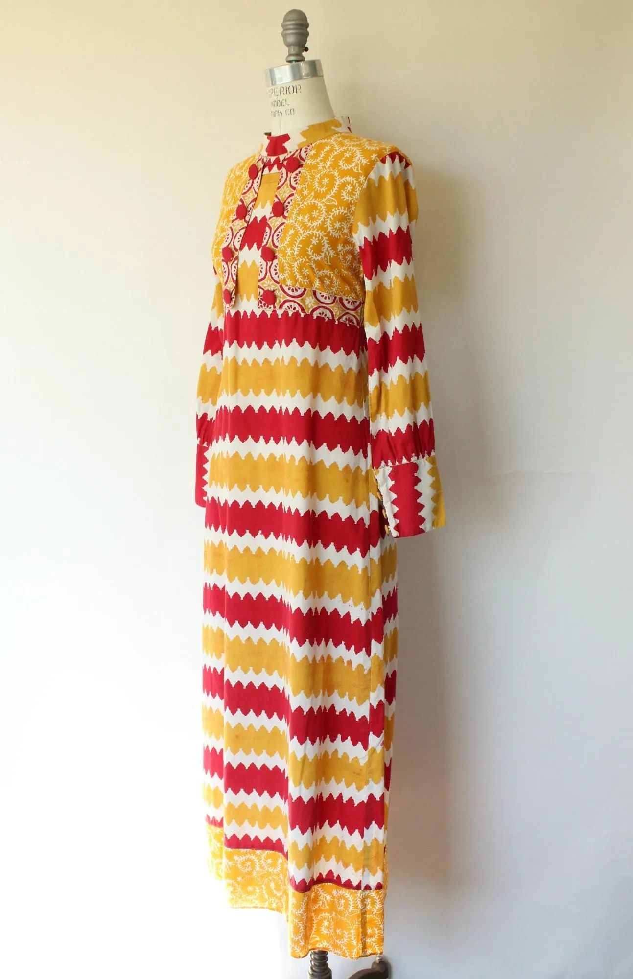 Vintage 1970s Red and Yellow Cotton Boho Maxi Dress