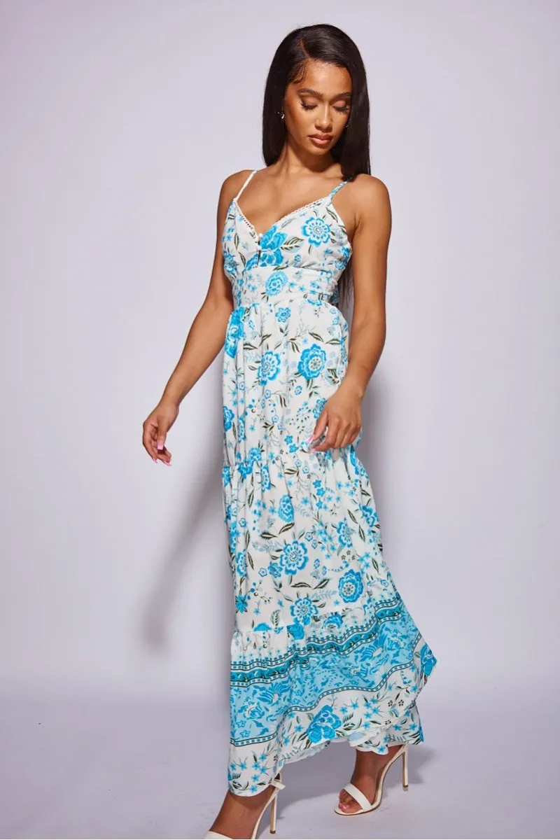 White Blue Floral Cami Strap Tiered Maxi Dress