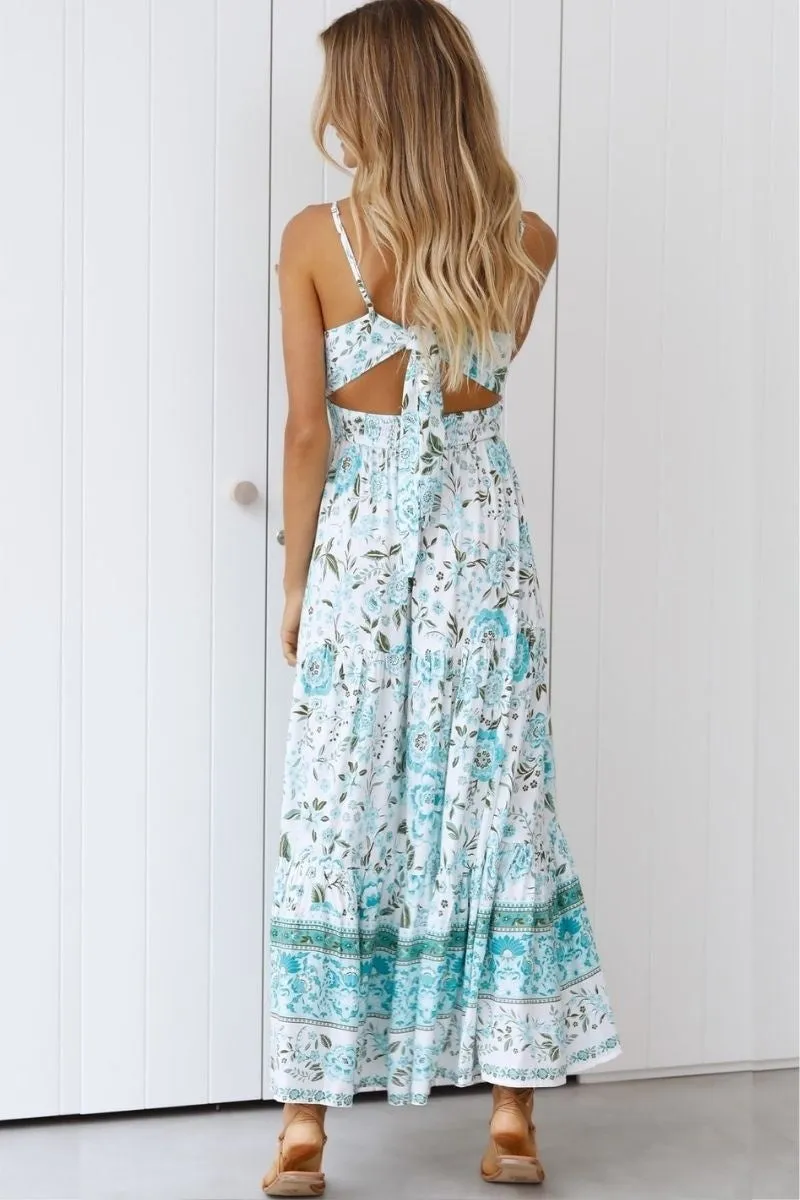 White Blue Floral Cami Strap Tiered Maxi Dress