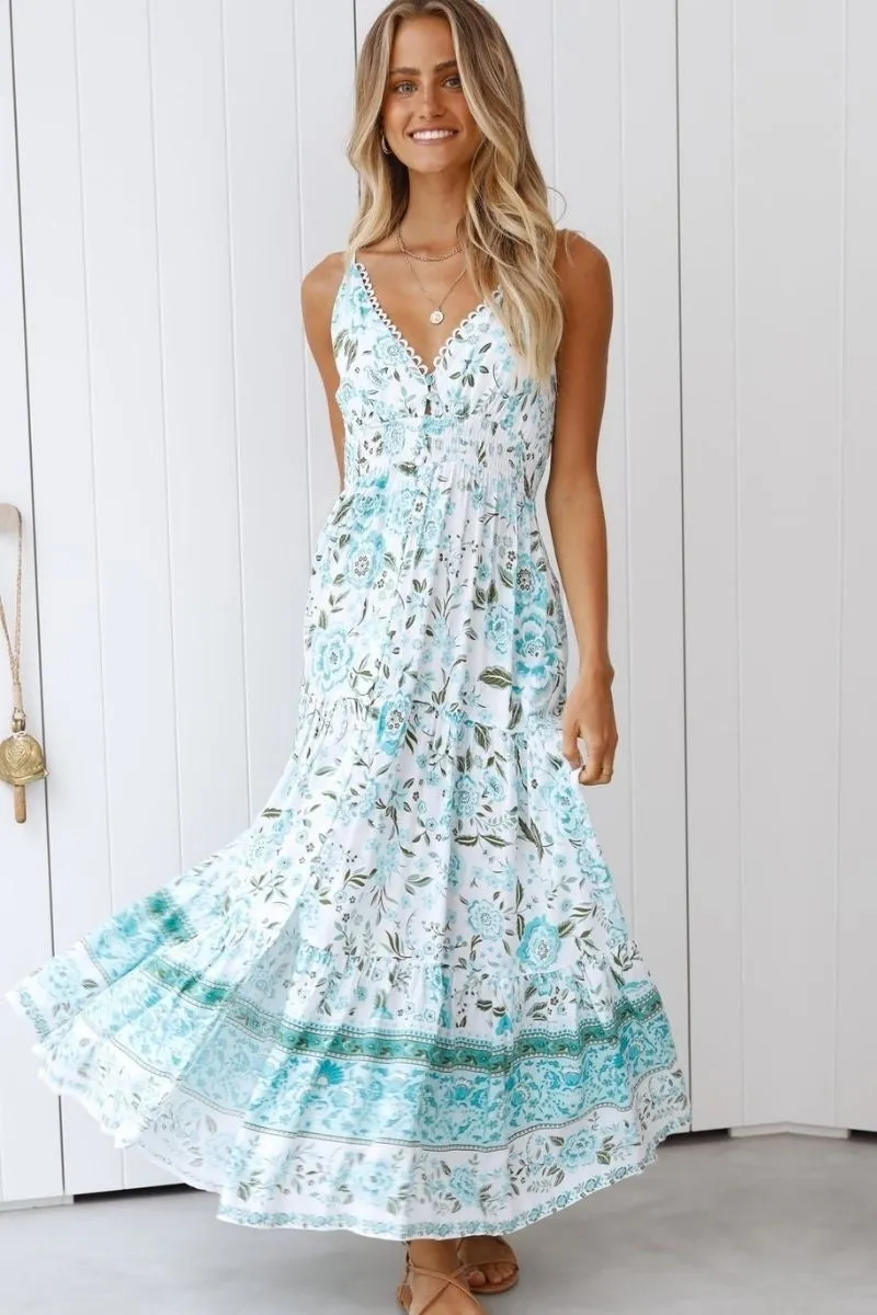 White Blue Floral Cami Strap Tiered Maxi Dress