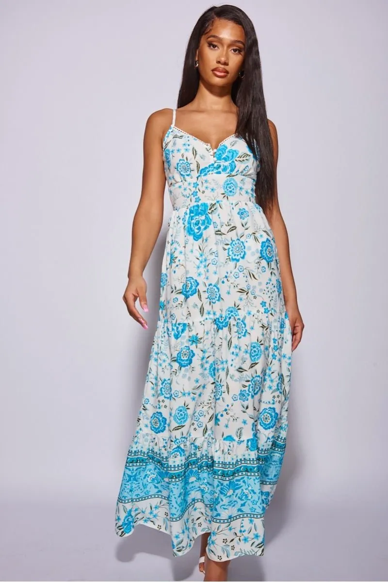 White Blue Floral Cami Strap Tiered Maxi Dress