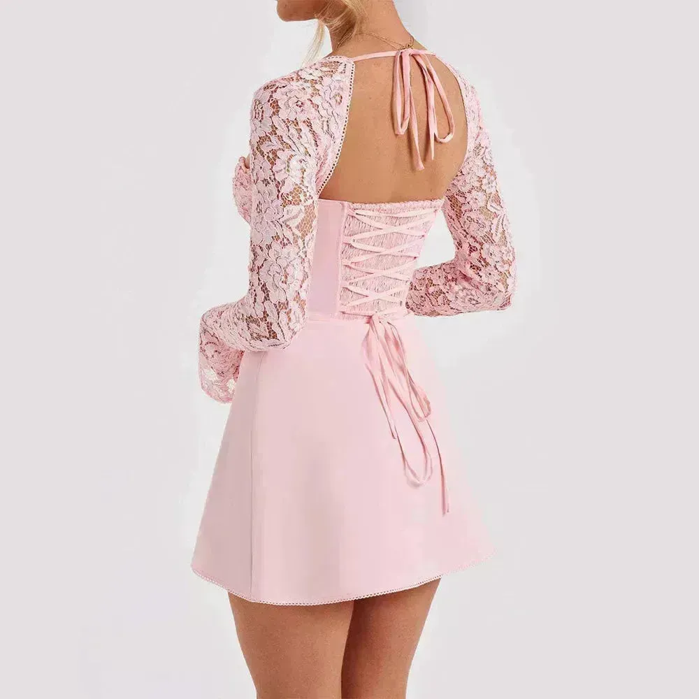 Women Fashion Corset Lace Long Sleeve Dress Charming Y2K Backless Lace up  Short  Mini Dress Low Back Mini Dress for Cocktail Evening Party Events.