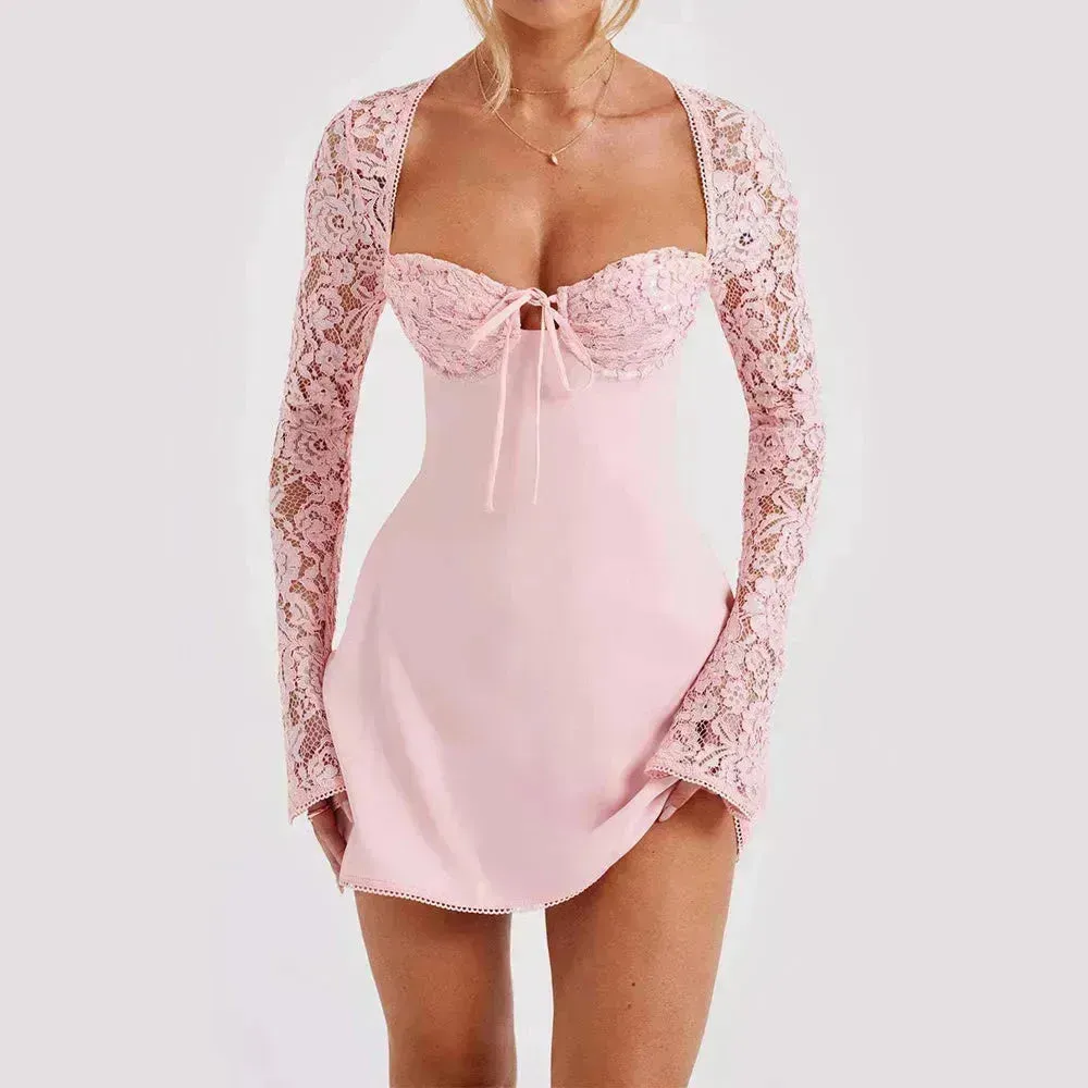 Women Fashion Corset Lace Long Sleeve Dress Charming Y2K Backless Lace up  Short  Mini Dress Low Back Mini Dress for Cocktail Evening Party Events.