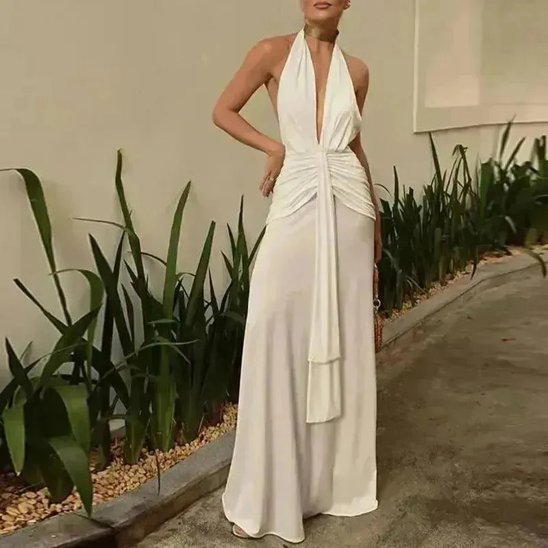 Women Summer Backless  Sleeveless Hanging Neck Pleated White Dress