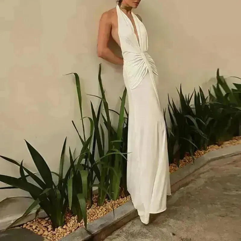 Women Summer Backless  Sleeveless Hanging Neck Pleated White Dress